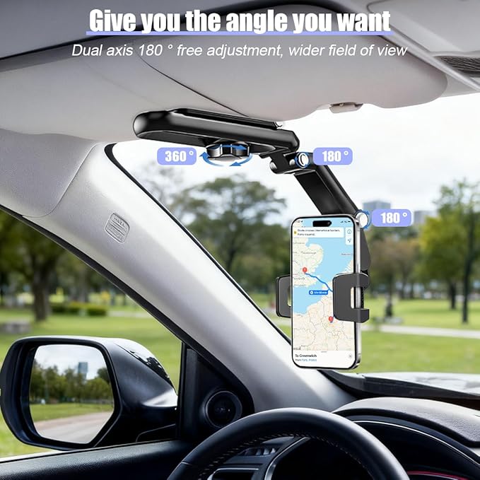 Car Sun Visor Phone Holder, Multifunctional 1080° Rotatable Retractable Vehicle Rearview Cell Phone Mount, Automotive Interior Visor Smartphone Holder, Universal for SUV RV Truck (Gray)