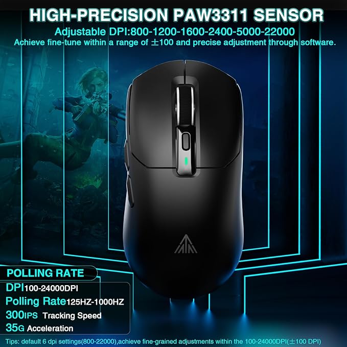 SOLAKAKA SM820 Wireless Gaming Mouse with RGB Charging Dock,24000 DPI Tri-Modes Wireless Mouse with 2 Side Buttons,Programmable Macro Mouse for Gaming(Black)