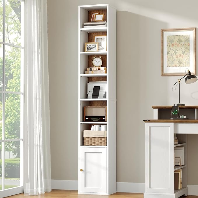 RALGEND 7-Tier Tall Narrow Bookshelf with Door Set of 4, 70.9 Inches CD DVD Slim Media Tower Rack with Storage Cabinet, Adjustable Shelves, Skinny Bookshelf Display Bookcase, White and Walnut