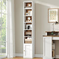RALGEND 7-Tier Tall Narrow Bookshelf with Door, 70.9 Inches CD DVD Slim Media Tower Rack with Storage Cabinet, Adjustable Shelves, Skinny Bookshelf Display Bookcase for Home Office, White and Walnut