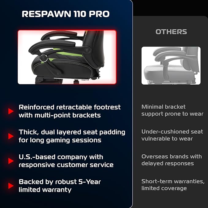 Respawn 110 Pro Ergonomic Gaming Chair with Footrest for Adults - Comfortable Office Gaming Recliner with Lumbar Support and Headrest, Racing Style Video Game Chairs for Computer Gamer - Green