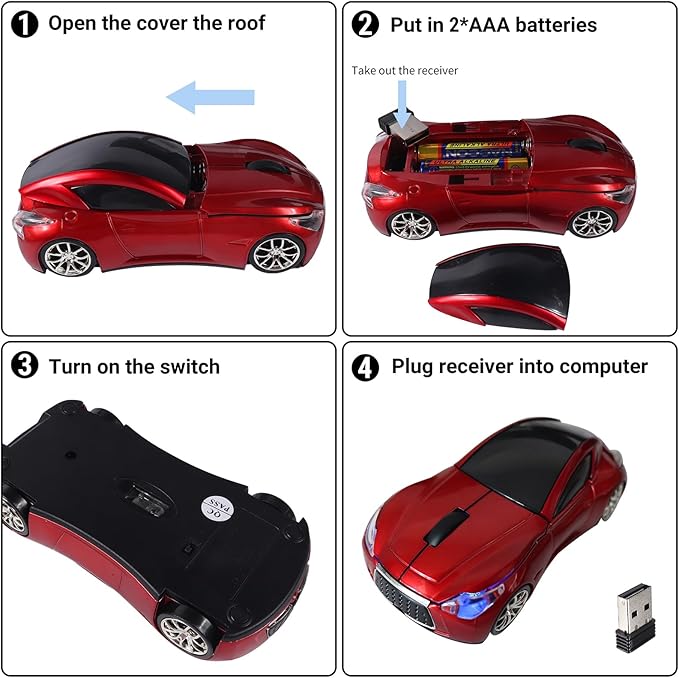 elec Space Wireless Mini Mouse with Case - Cute Sports Car Shape, Lightweight & Portable, 10m Range, Plug and Play (Red)