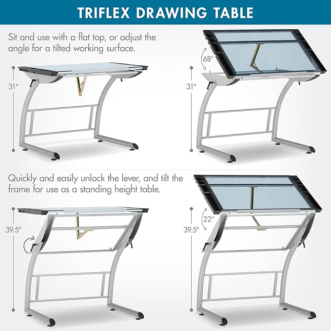 SD Studio Designs Triflex Drawing Table, Sit to Stand Up Adjustable Office Home Computer Desk, 35.25" W X 23.5" D, Silver/Blue Glass