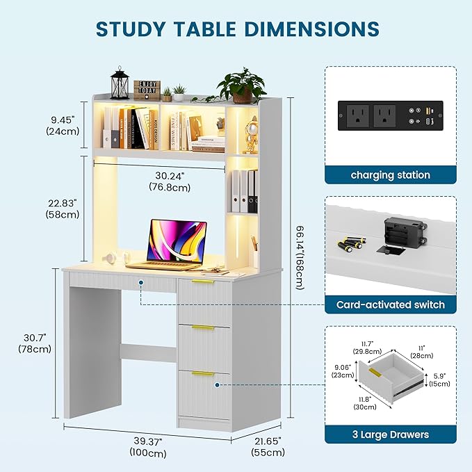 WOOVIVS Home Office Desk with Hutch & LED Lights - 39" Computer Desk with Charging Station, 3 Large Drawers, Hidden Compartment & Fluted Panel Design,White Writing Desk for Bedroom, Study