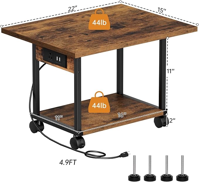 Asgolion Printer Table, 2-Tier Under Desk Printer Stand with Charging Station, Printer Stand with Wheels, Printer Shelf for Small Spaces, PrinterCart for Home Office Rustic Brown