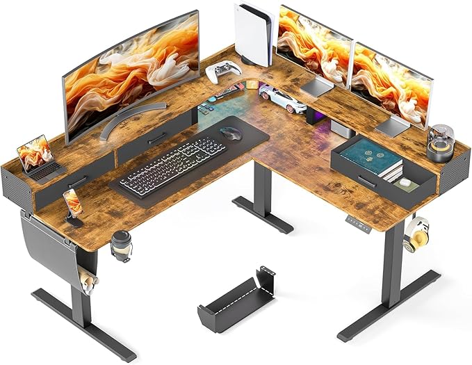 WALKINGDESK 63 Inches Height Adjustable L Shaped Standing Desk with 3 Drawers and Monitor Shelf, Electric Corner Comupter Desk, Sit Stand up Home Office Desk, Ergonomic Gaming Desk, Rustic Brown