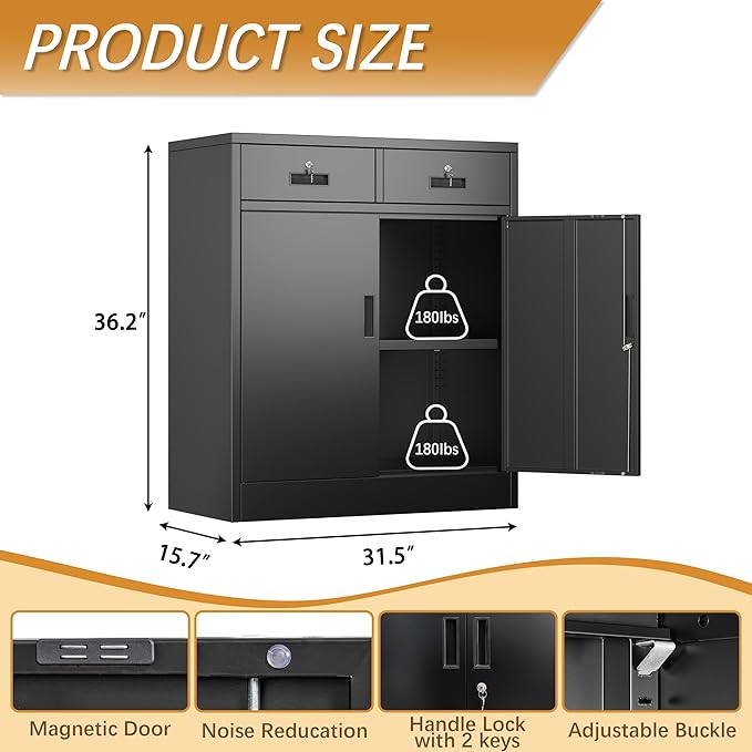 Metal Storage Cabinet with 2 Drawers, 36" H Locking Storage Cabinet, Metal Cabinets with Doors and Shelves for Home, School, Office, Garage, Black