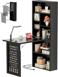 Armocity Small Folding Desk with Outlets, Convertible Writing Desk for Small Spaces/Home Office/Craft Room, Multi-Function Desk Workstation with Blackboard, Fold-Out Cabinet Table, Black