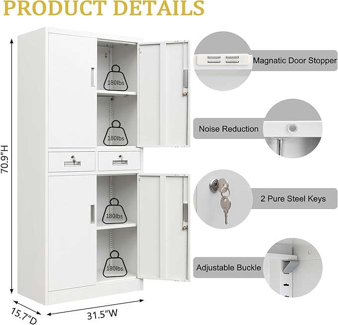 71" H Tall Metal Storage Cabinet with 2 Drawers, Metal Garage Storage Cabinet with Lock and 2 Adjustable Shelves for Home, Office, Garage, Warehouse Organize, White