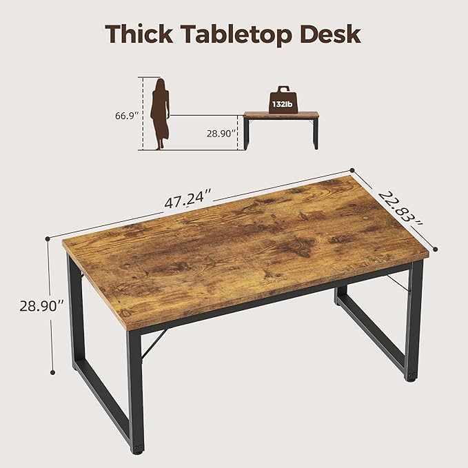 Mericonia 48 Inch Computer Desk, 1" Thick Heavy Duty Industrial Office Desk, Modern Simple Study Writing Table for Home Office Bedroom Workstation, Brown