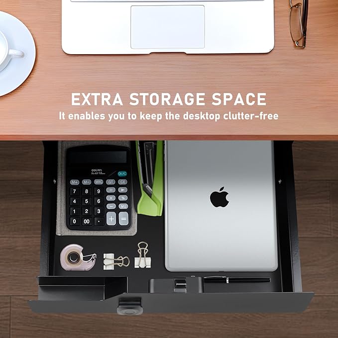 Under Desk Drawer with Biometric Fingerprint Lock, Metal Undermount Table Drawer, Slides Out Tray Organizer for Paper, Pencil, and Laptop 16"x11.8"x3.6", Black with Fingerprint Lock