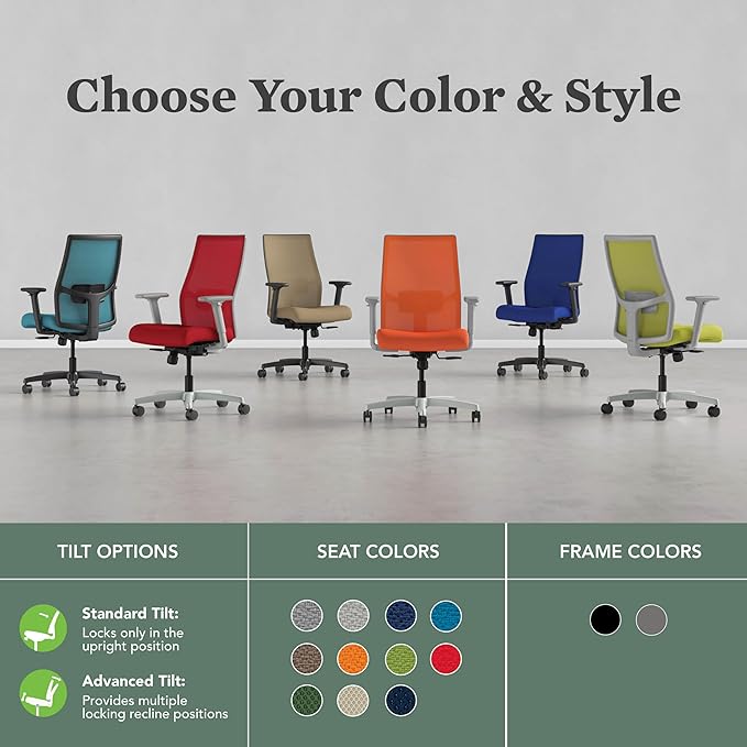 HON Ignition 2.0 Mid Back Task Chair, Spectrum Mesh, Standard Synchro-Tilt Control, Office Chair with Lumbar Support, Height and Width Adjustable Arms, Titanium Frame, Sky