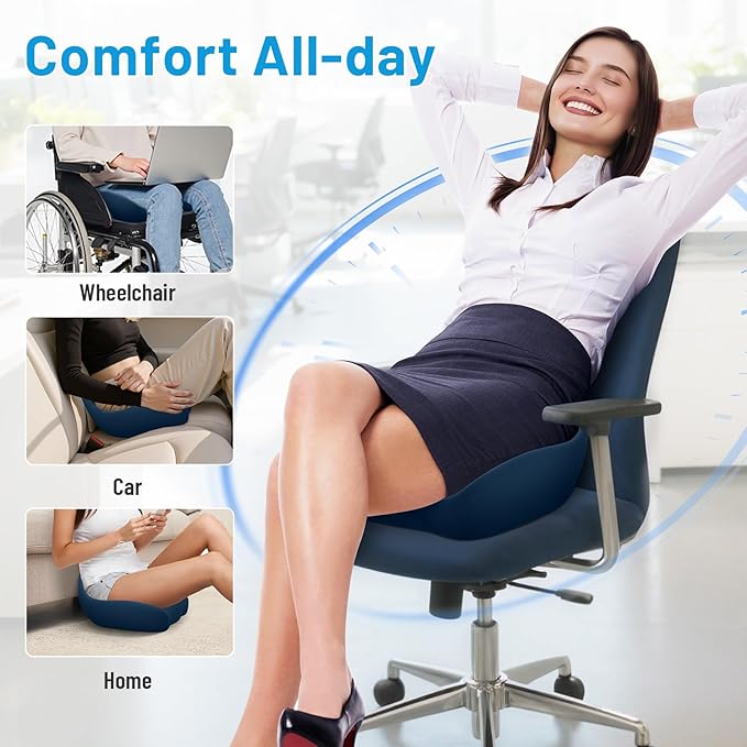 CushZone Memory Foam Seat Cushion for Office Chair, Ergonomic Coccyx Cushion for Desk Chair, Tailbone Support Pillow for Long Sitting, Non-Slip Seat Pad for Home, Gaming Chair -Navy Blue, X-Large