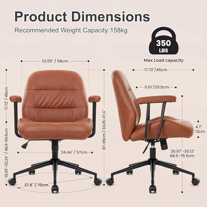 IWMH Home Office Chair, PU Leather Office Chair with Removable Armrests, Mid-Century Modern Desk Chairs with Lumbar Support, Ergonomic Executive Task Chairs, Height Adjustable (Brown)