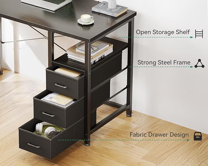 AODK 32-Inch Small Computer Desk with Fabric Drawers, Kids Girls Teen Study Writing Desk for Bedroom, Home Office Desk for Small Space, Black