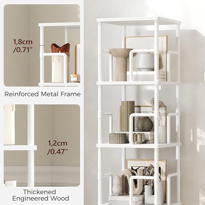 MAHANCRIS 4-Tier Rotating Bookshelf, Freestanding Corner Bookshelf, 360° Spinning Bookcase, Industrial Style Storage Rack with Rails, for Living Room, Bedroom, Study, White BKWT1501