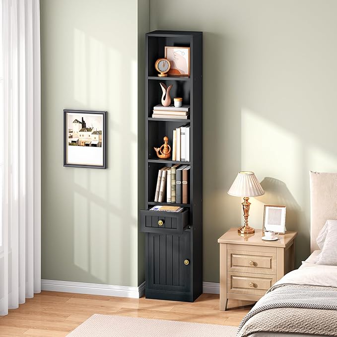 HOOBRO 70.9" Inch Tall Bookcase, Tall Narrow Bookshelf with Storage Cabinet, Open Shelf with Adjustable Shelf, Space Saving Storage Shelf Bookcase for Office, Living Room, Bedroom, Black BK42SJ01