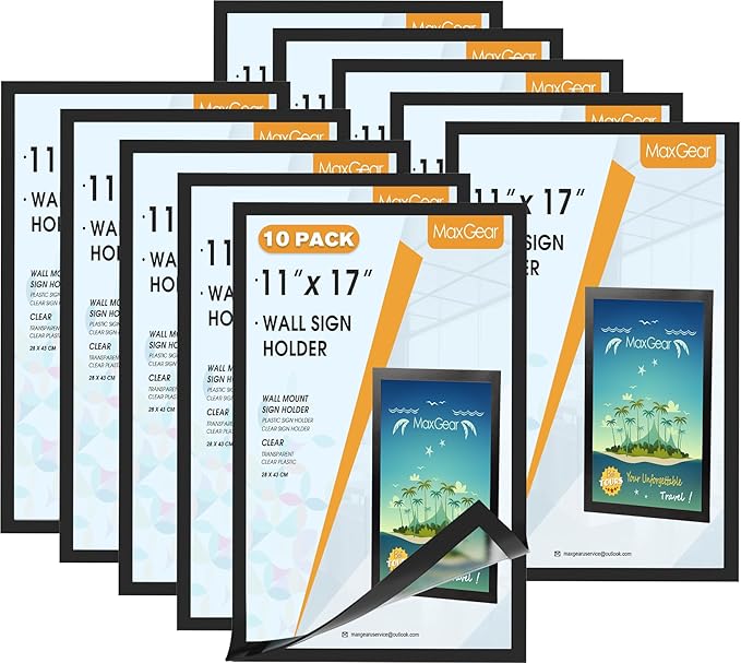 MaxGear 10 Pack Magnetic Sign Holder 11 x 17 with Magnetic Border，Self Adhesive Wall Mount Sign Holder Display Picture Frames Window Document Poster Paper Flyer Holder for Home Office Store