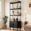 5 Tier Tall Bookshelf with Cabinet, Fluted Bookcase with Sliding Door, Metal and Wood Display Shelf, Free Standing Storage Shelving Unit, Corner Storage Organizer for Living Room, Home Office, Black