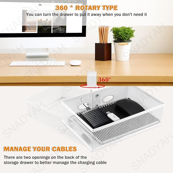 SNADYAH 【360 degree rotation under desk drawer Clamp-on Swivel Alloy Steel Drawer Hidden Desktop Organizer Pen Holder Easy to Instal/High capacity/desk drawer desk accessories (white)