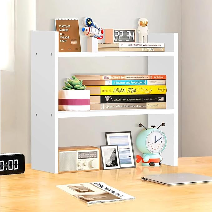 Wood Desk Organizer - Small Desk Shelf, 2 Tier Desktop Bookshelf for Workspace Organizers Dorm, White Desktop Shelf Organizer