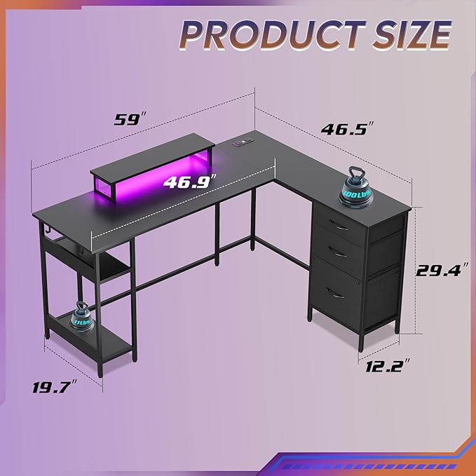 DEVAISE 60 Inches L Shaped Desk with Drawers, L Shaped Gaming Desk with Power Outlets, LED Lights, Monitor Stand, Computer Desk with Storage, Large Corner Table for Home Office (Black)