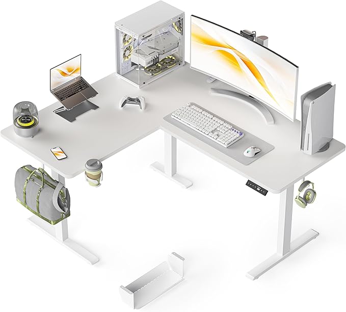 WALKINGDESK 55X45 Inches Reversible L Shaped Standing Desk Height Adjustable with Cup Holder, Electric Corner Computer Desk, Sit Stand up Home Office Desk, Ergonomic Gaming Desk, White