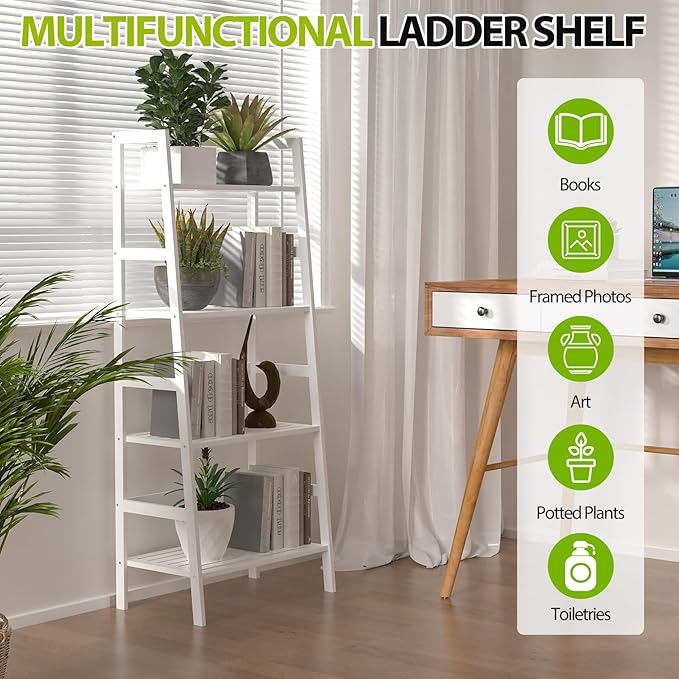 Bamboo White Bookshelf, 4-Tier Ladder Shelf Freestanding Space Saver Open Bookcase Book Shelf, Bamboo Storage Shelving Unit Flower Plant Stand for Living Room, Bathroom, Home Office