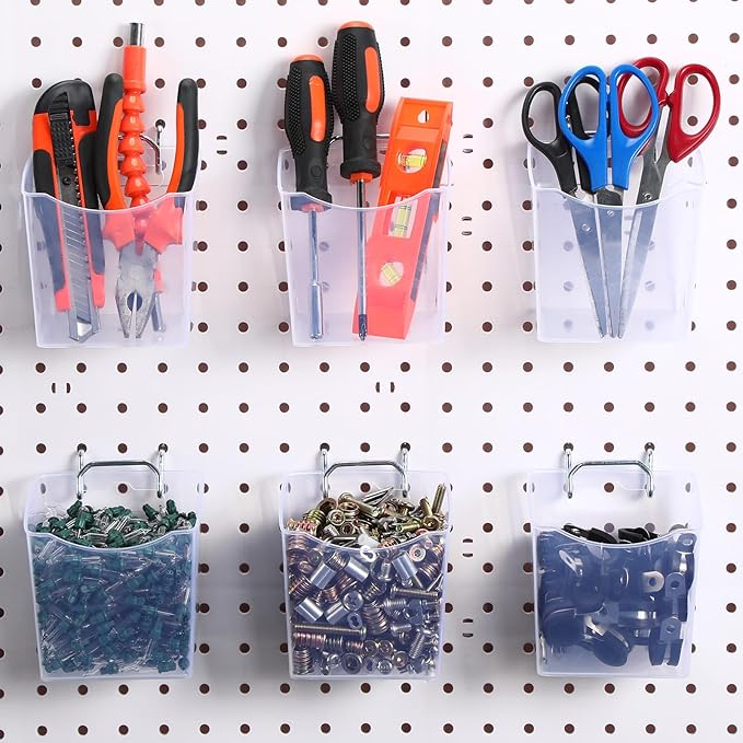 Reallnaive 6 Pack Pegboard Bins with Hooks - Translucent Pegboard Organizer Wall Containers - Kitchen, Office, Garage, Workshop, Bathroom