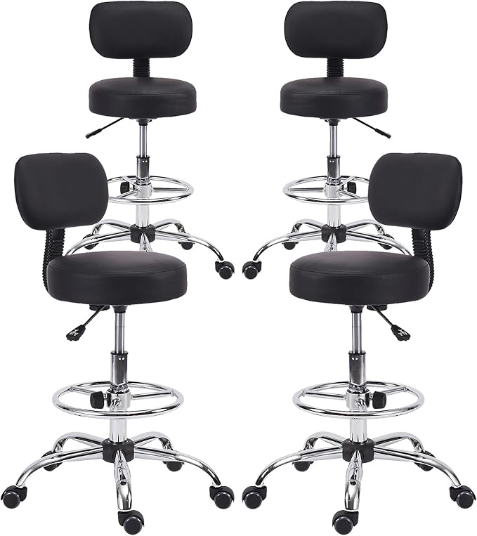 KLASIKA Drafting Stool Chair with Back, Adjustable Foot Rest Backrest Swivel Rolling Stool, Multi-Purpose Office Desk Chair, Thickened Seat for Home Bar Spa Kitchen Shop 4pack