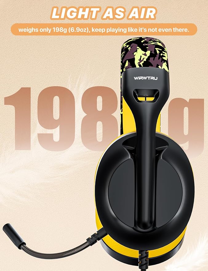 WIRWTRU S30 Gaming Headset with Microphone,198g Lightweight Design, Wired Gaming Headphones for Xbox, Xbox Series X|S, PS5, PS4, Switch, PC, Noise Cancelling Mic, Soft Earmuffs (Yellow)