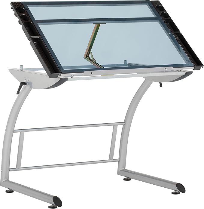 SD Studio Designs Triflex Drawing Table, Sit to Stand Up Adjustable Office Home Computer Desk, 35.25" W X 23.5" D, Silver/Blue Glass