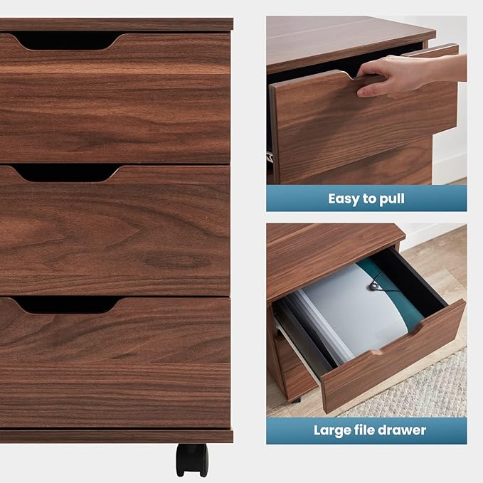 Farini Wood File Cabinet for Home Office,Under Desk 3 Drawer Mobile File Cabinet(Black,(Brown,Non-Assembled)