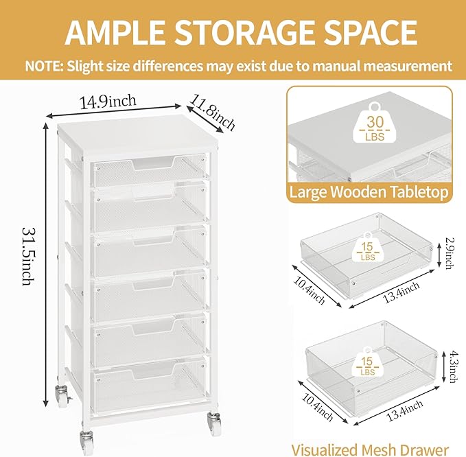 Sbanmao 6 Drawers Rolling Utility Cart, Rolling Storage Cart with Wooden Tabletop, Storage Drawer Cart on Lockable Wheels, Craft Cart for Bedroom, Classroom, Office, White