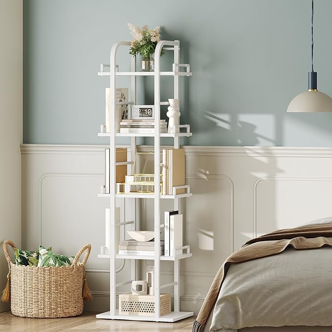 YATINEY 5 Tier Rotating Bookshelf, Freestanding Corner Bookshelf, 360 Spinning Bookcase Tower, Tall Industrial Style Organizer, Storage Shelf Bookcase for Living Room, Study, White SJ02WW