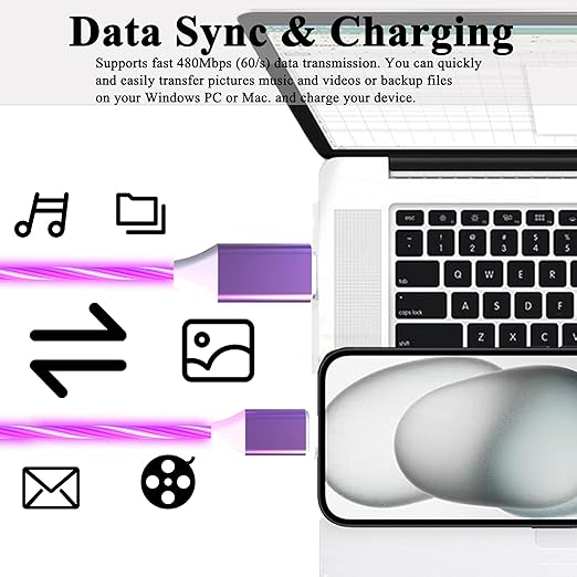 2 Packs USB C to USB C Cable 3A Light Up C to C Cable LED C to Type C Fast Charging Cord for Samsung Galaxy S23 S22 S21 S20 Ultra, i-Phone 15 Pro Max Plus, iPad mini Pro Air(3.3FT,Purple&Purple)