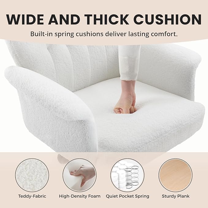 IWMH Home Office Desk Chair, Teddy Fabric Cozy Desk Chair with Wheels and Arms, Modern Upholstered High Back Wide Seat Vanity Chair for Bedroom Living Room Makeup (White)