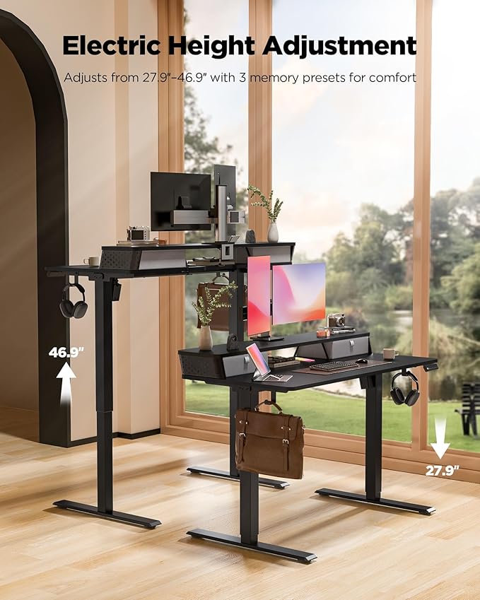 FiCiHi 48x24 Inch Standing Desk with Drawers, C-Clamp Mount Compatible, Electric Adjustable Height Computer Stand Up Desks, Home Office Sit Stand Table with 3 Preset Heights, Black