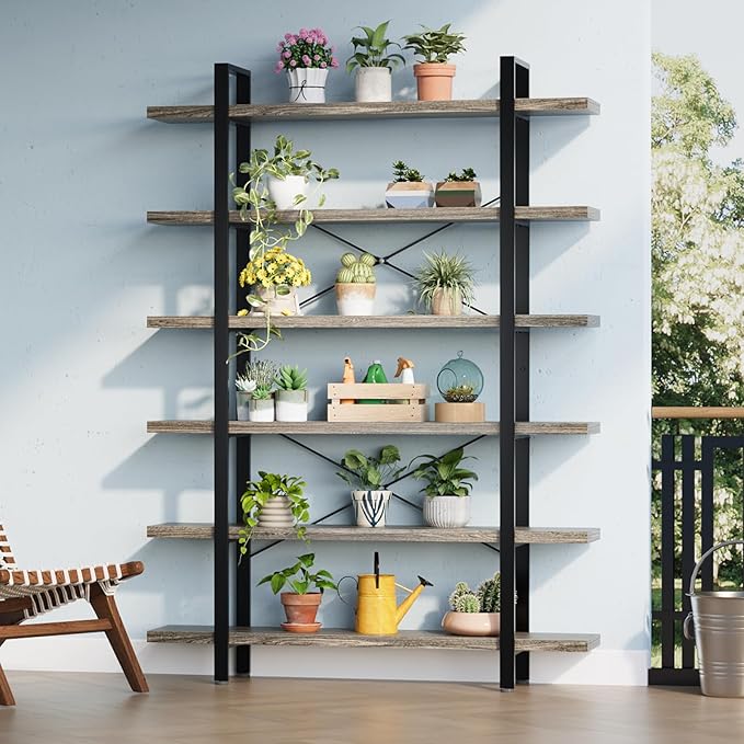 FURSUN Heavy Duty 6 Tier Bookcase, 80-in Tall Industrial Modern Large Bookshelf, Wood Farmhouse Bookcases Book Shelves and Metal Frame for Office, Bedroom, Living Room, Grey