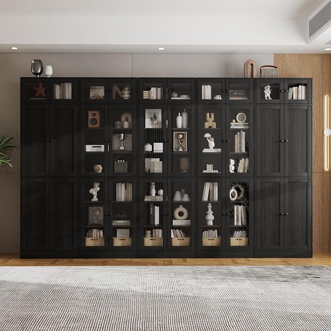 VOWNER 85.5" Tall Wooden Bookshelf 5 Sets, Storage Cabinet with Glass Doors, 7 Tier Bookcase for Living Room, Pantries with Doors and Shelves, Modern Large Storage for Home Office (Black)