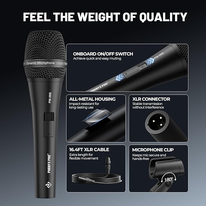Phenyx Pro Vocal Microphone, Supercardioid Dynamic Mic with 16.4 ft XLR Cable, Mic Clip, Storage Bag, Wired Handheld Microphone for Singing, Stage, Studio, Karaoke (PM-26S)