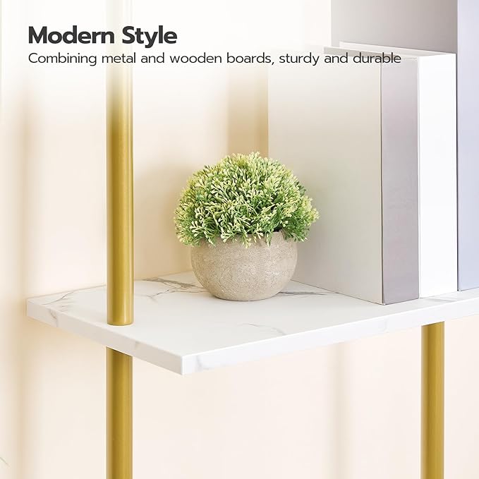 HOOBRO DIY Ladder Shelf, 6-Tier Wooden Wall Mounted Bookshelf, Narrow Gold Bookcase, Display Shelf, Storage Rack, Plant Stand, for Living Room, Bedroom, Study, Balcony, Marble and Gold DM651CJ01