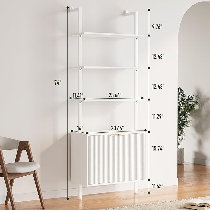 INNOD 74" Tall Bookshelf with Storage Cabinet, Modern Ladder Shelf with Wood and Metal Frame, Wall Mount Bookcase Open Display Shelf Furniture for Living Room, Bedroom, Home Office, White