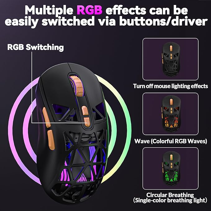 CORBOBO SOLAKAKA SM802 Wireless Gaming Mouse,24,000 DPI Max,Tri-Mode 2.4GHz/BT/Wired USB Rechargeable White Mouse with RGB,Programmable Macro Buttons,68g Lightweight Computer Mouse for Laptop/PC/Mac