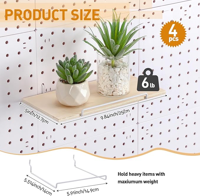 Wonderjune 4 Pcs Wooden Pegboard Shelves with Metal Pegboard Shelf Brackets Peg Board Display Storage Tray Wall Organizer Peg Board Accessories for Craft Room Home Kitchen(Brown,9.84 x 5 Inch)