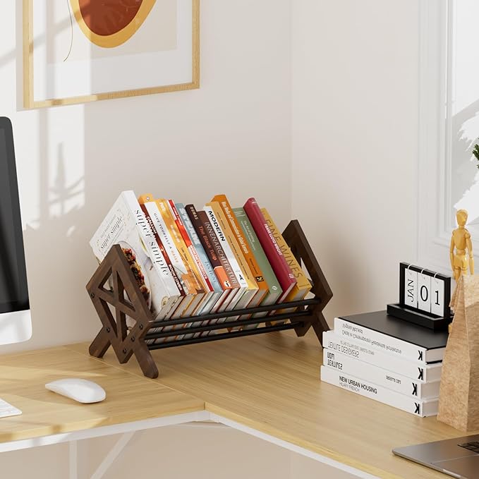 Desktop Bookshelf Organizer, Wood Office Tabletop Book Storage Rack, Tilting Bookcase for Books/CDs/Magazine Display (Black)