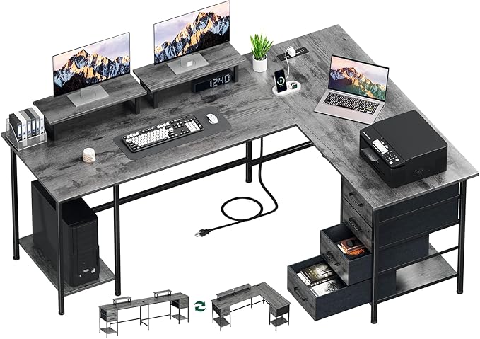 Korfile 66" L Shaped Computer Desk, 94.4'' Home Office Desk with Power Outlets, 4 Adjustable Storage Drawers & 2 Monitor Stands, Large Two Person Gaming Table for Writing Study, Grey