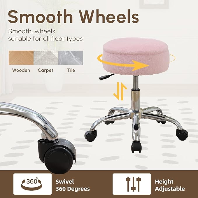 Gitrah Vanity Chair with Wheels Adjustable Vanity Stool with Storage Swivel Vanity Stool for Vanity Rolling Makeup Stool Chair Faux Fur Light Pink