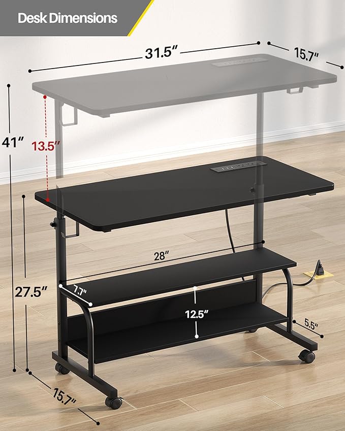 Armocity Rolling Standing Desk with Power Outlets, 32" Manual Height Adjustable Mobile Computer Desk with Wheels, Small Portable Sit Stand Laptop Couch Table for Bed & Sofa Home Office, Black