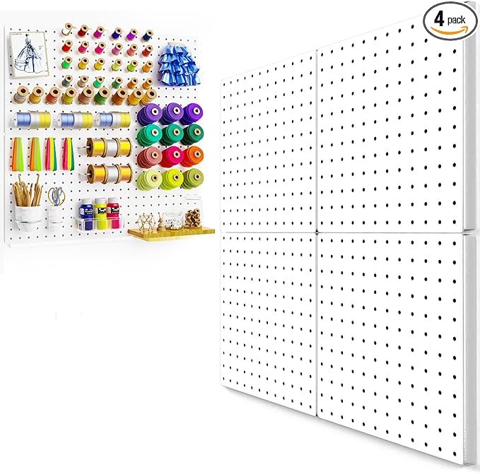 Peg Board, 4PCS Metal Pegboard Wall Organizer. Heavy Duty Pegboard, Peg Boards, Pegboard for Walls, White Pegboard for Garage Craft Room Workbench Office Kitchen Tool Organization, 12"*12"